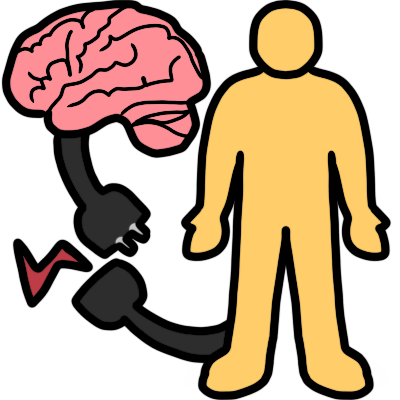 a pink brain and a yellow body. both have a black cable with plug coming out of them. the plugs are disconnected, and there's a small red zigzag showing that it isn't working.